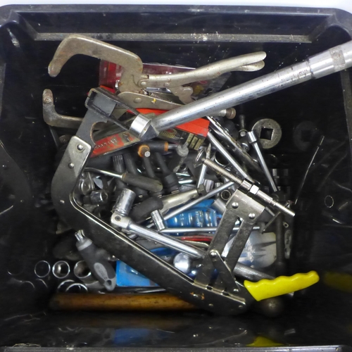 2021 - A box of assorted hand tools including sockets, assorted screws, points, clamps and grips, cable cli... 