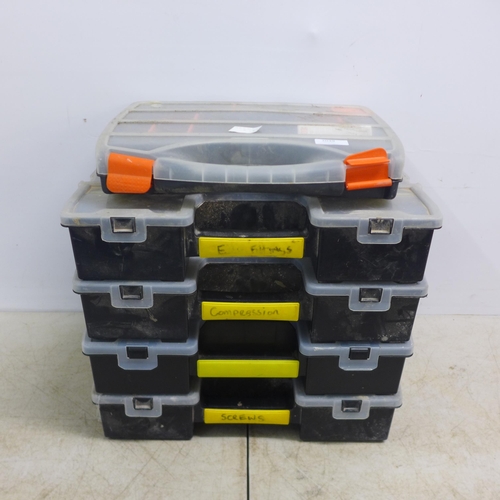 2039 - 5 work shop organizer trays, including 4 Stanley Sortmasters and a quantity of mixed consumables inc... 
