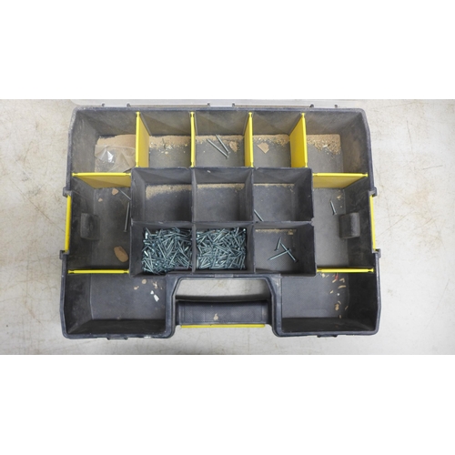 2039 - 5 work shop organizer trays, including 4 Stanley Sortmasters and a quantity of mixed consumables inc... 