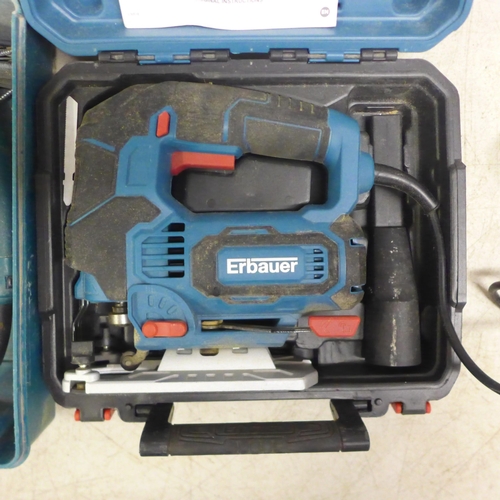 2040 - An Erbauer EJS750 jigsaw in case and a Makita HR2020 110v SDS hammer drill