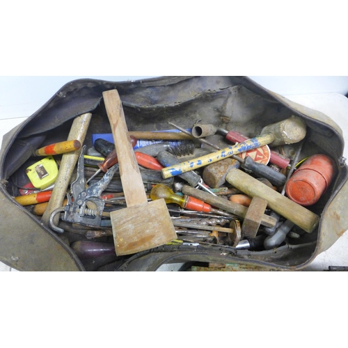 2043 - A tool bag and metal tool box of assorted tools including saws, blowtorch, spanners, sockets and 2 o... 