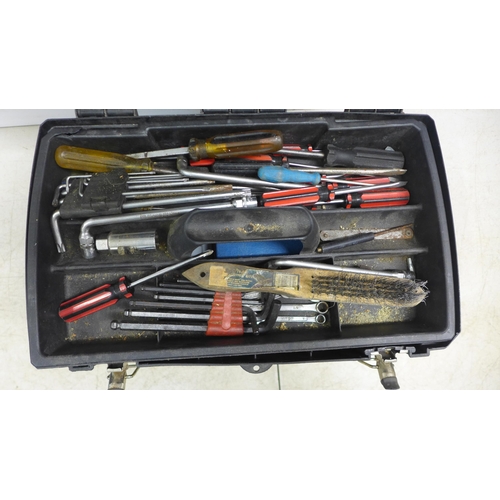 2048 - A Stanley Mobile Work Centre tool box  assorted hand tools including screwdrivers, wire brush, spann... 