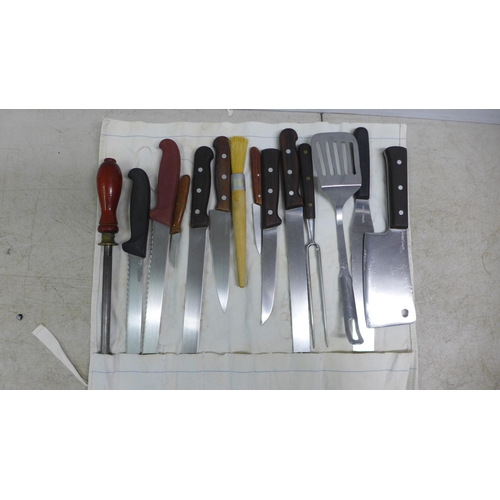 2102 - A vintage chefs set including knife sharpener, Victorinox kitchen knives, pastry brush, cleaver, pal... 