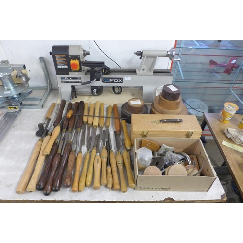 2110 - A Fox F46-251 bench lathe with a quantity of assorted wood including Purple Heart and Kambala etc. a... 