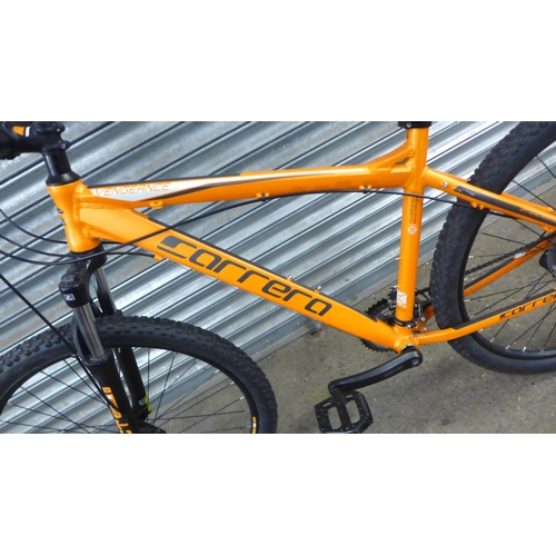 A Carrera Vengeance orange and black gents twin disk hard tail mountain bike