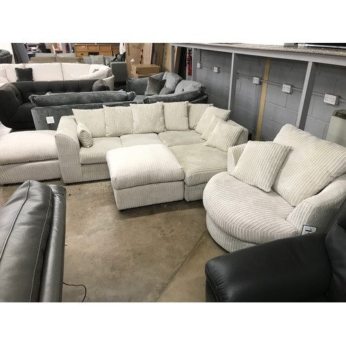 1412 - Cream corded corner sofa, swivel armchair and two footstools