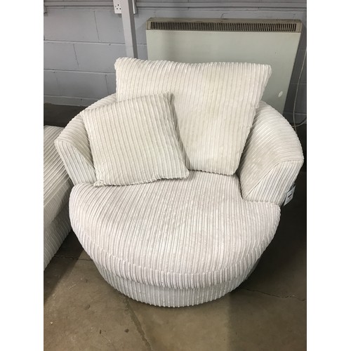 1412 - Cream corded corner sofa, swivel armchair and two footstools