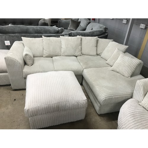 1412 - Cream corded corner sofa, swivel armchair and two footstools