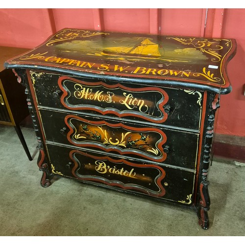 90 - A 19th Century painted pine ship's chest, bearing inscription; 1857, Captain S.W. Brown, H.M.S. Lion... 