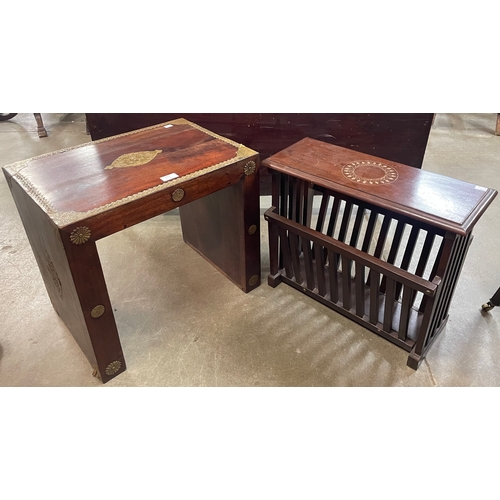 103 - An Indian hardwood and brass inlaid stool and a magazine rack