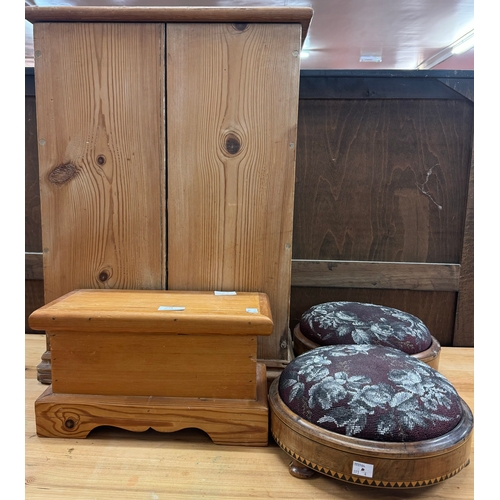 245 - A pine chest, a small wooden box and two Victorian inlaid walnut circular footstools