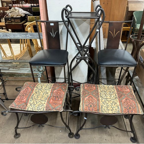 307 - A pair of metal garden chairs, stools and plant stand