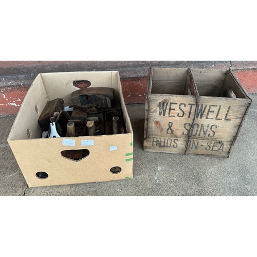 419 - A collection of vintage woodworking planes and a Westwell & Sons wooden crate