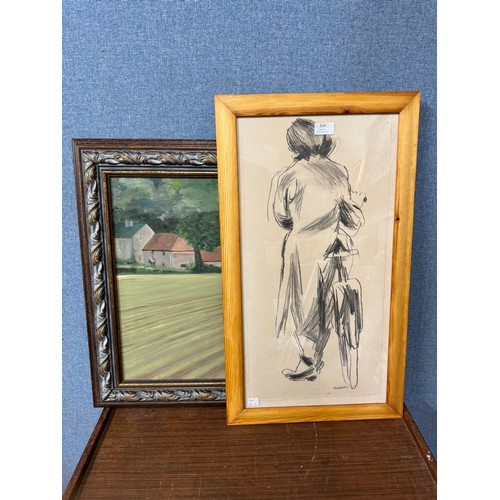 314 - A pencil sketch of woman and bicycle and a landscape scene, oil on canvas, both framed