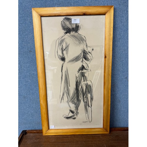 314 - A pencil sketch of woman and bicycle and a landscape scene, oil on canvas, both framed