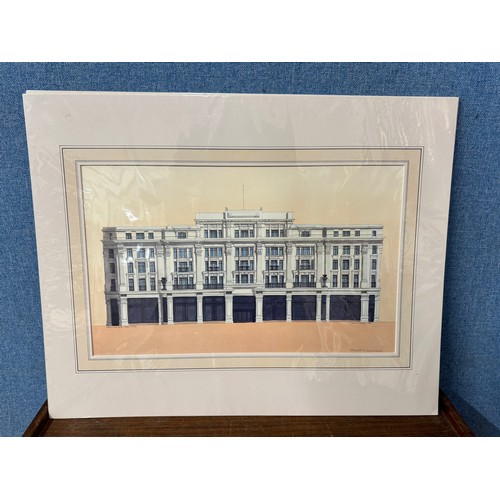 315 - Andras Kaldar, four mounted architectural lithograph prints; the Linen Hall, Regent Street; Regent H... 