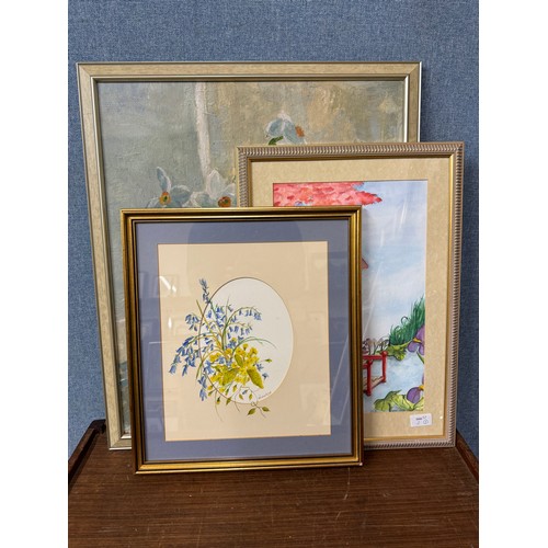 324 - Two still life's of flowers, oil and watercolour and one other watercolour, Japanese garden