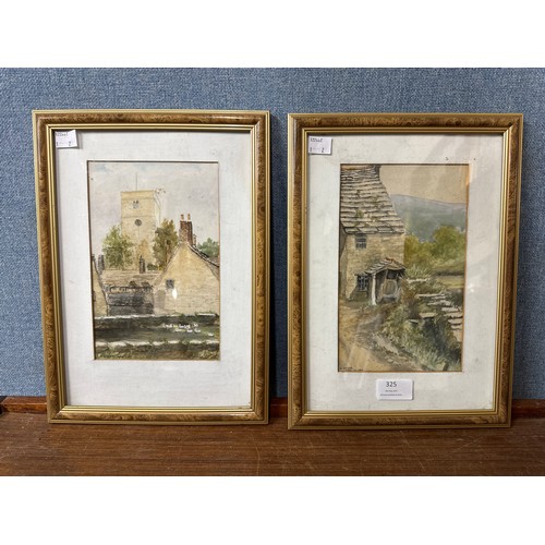 325 - A. Clarke, two village scenes, watercolour, framed