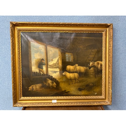 327 - An interior barn scene, oil on canvas, framed