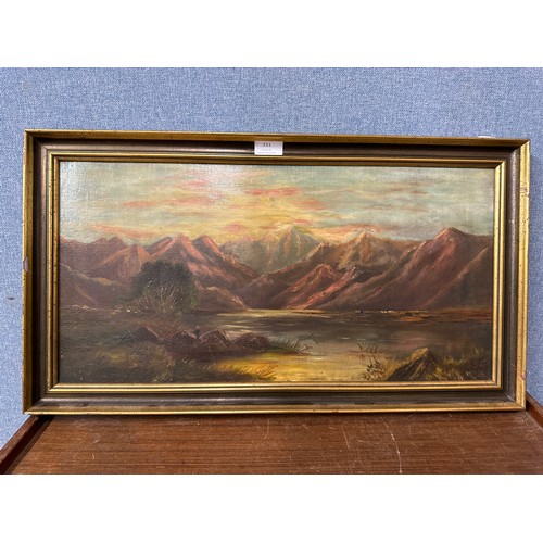 331 - English School, mountainous lake scene, oil on canvas, framed