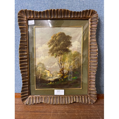 337 - English School, river landscape, oil on board, indistinctly signed, framed