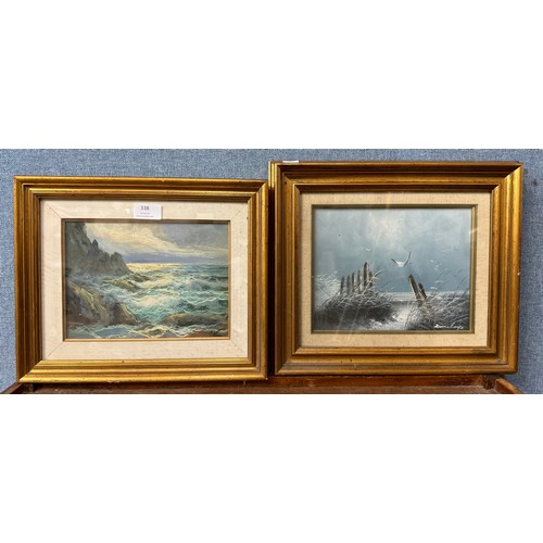 338 - Two English School seascapes, oil on board and oil on canvas, both framed