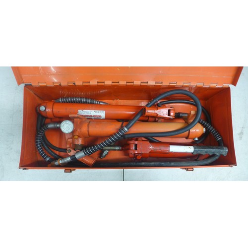 2011 - A red steel Clarke toolbox with three hydraulic pumps including Clarke Strong-Arm CS10PRH 10 tonne p... 