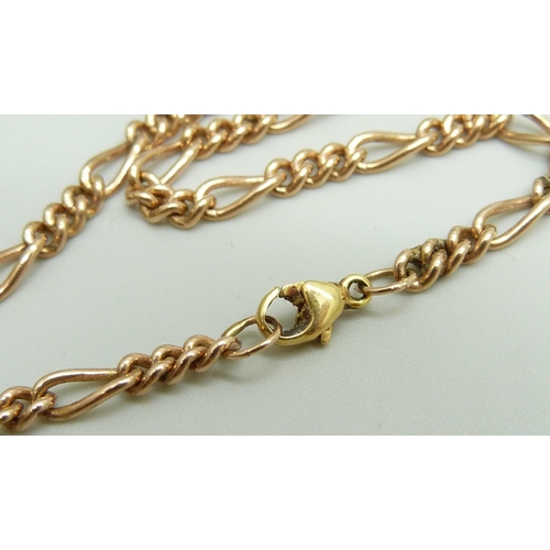 1042 - A yellow metal figaro chain necklace, approximately 46.5cm, chain is rose gold with a replacement ye... 