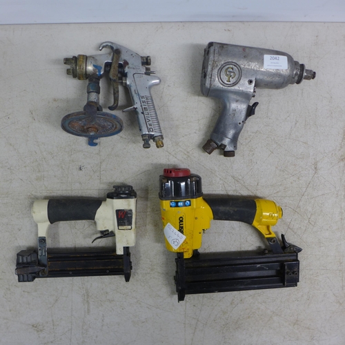 2014 - 4 assorted air tools - DevilBiss spray gun, Cosmo nail gun, CP 734 impact driver and Axminster tacke... 