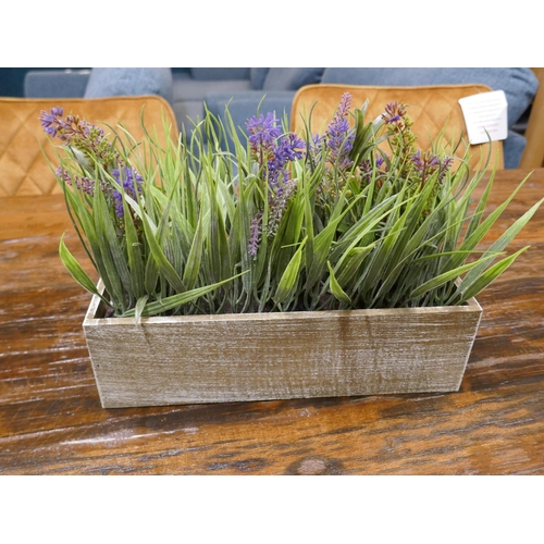 1313 - A display of faux lavender and onion grass in a wooden box, W 30cms (65880013)   #