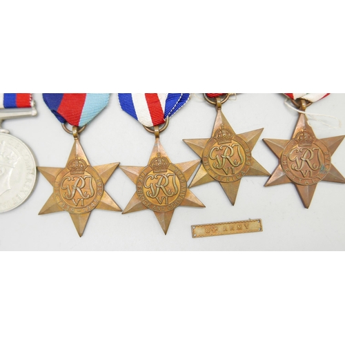 1012 - WWII medals: Africa Star with 8th Army clasp, Italy Star, France and Germany Star, 1939-1945 Star an... 