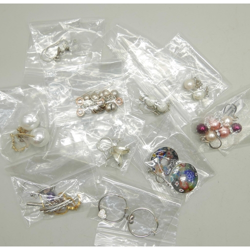 1017 - Ten pairs of silver and white metal earrings including millefiori and seed pearl