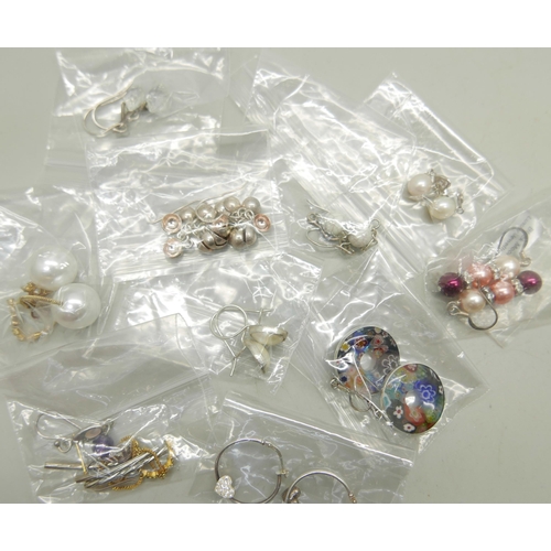 1017 - Ten pairs of silver and white metal earrings including millefiori and seed pearl