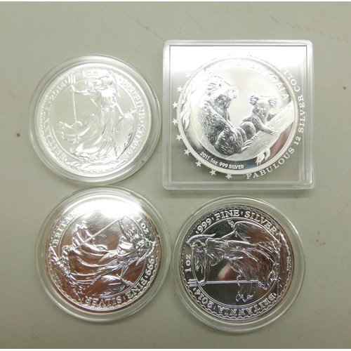 1020 - Three 2014 fine silver Britannia coins and a 2011 Australian koala fine silver coin