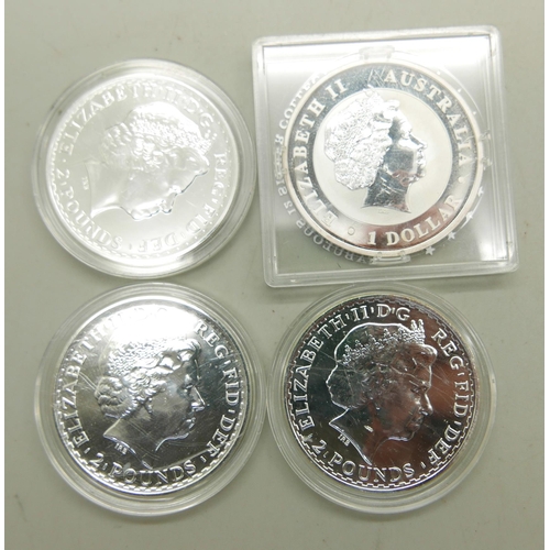 1020 - Three 2014 fine silver Britannia coins and a 2011 Australian koala fine silver coin