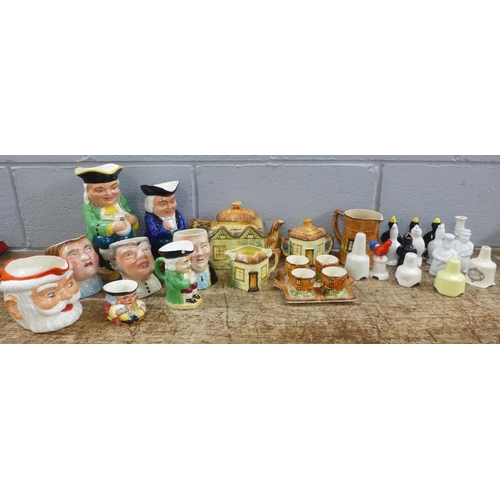 1038 - Three pieces of Keele St. pottery, a teapot, and a jug and sugar bowl, two pieces of Price Bros cott... 