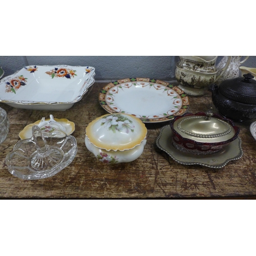 1039 - Two boxes of ceramics and plated ware including a set of Continental  majolica saucers and side plat... 