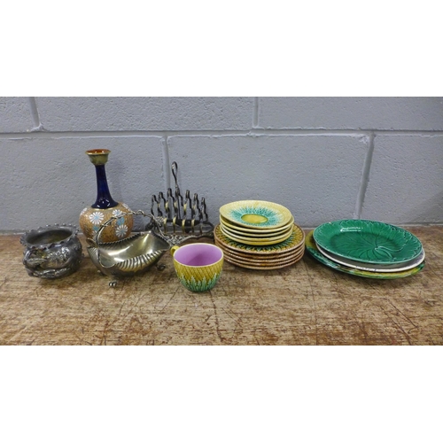 1039 - Two boxes of ceramics and plated ware including a set of Continental  majolica saucers and side plat... 