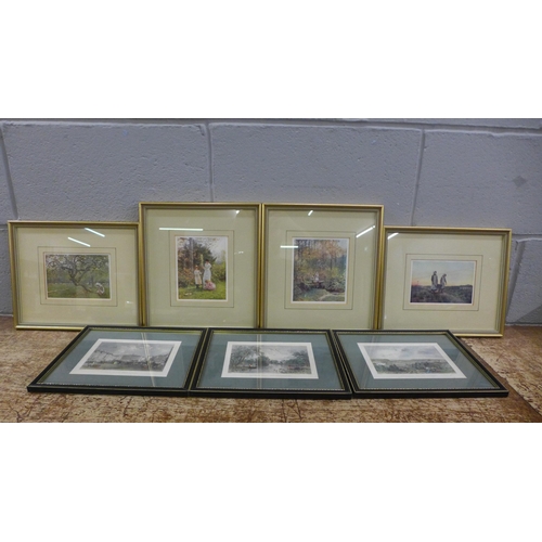 1047 - A set of four mounted antique prints, three framed prints of Lincoln buildings engraved by T. Allum,... 