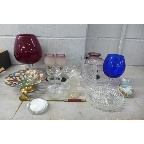 1055 - A collection of glassware including two Babycham glasses, a set of hand blown studio glass, paperwei... 