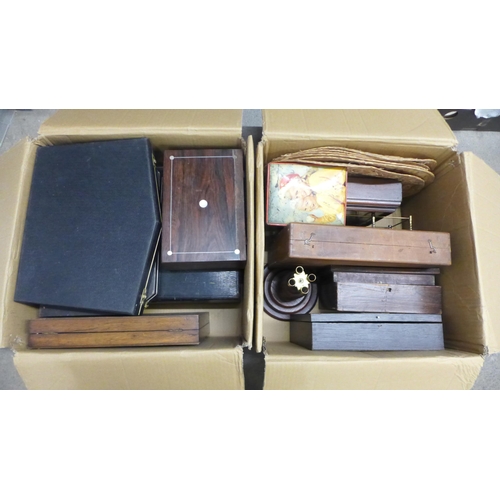 1066 - Two boxes of mixed wooden boxes, document boxes, an epergne stand, wine stand, etc. **PLEASE NOTE TH... 