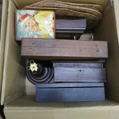 1066 - Two boxes of mixed wooden boxes, document boxes, an epergne stand, wine stand, etc. **PLEASE NOTE TH... 