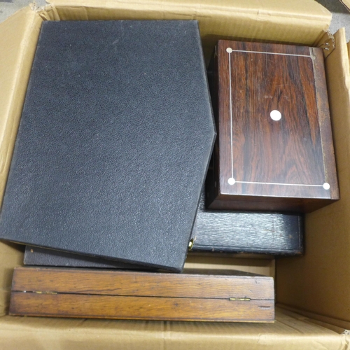 1066 - Two boxes of mixed wooden boxes, document boxes, an epergne stand, wine stand, etc. **PLEASE NOTE TH... 