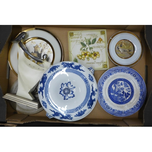 1067 - Four boxes of mixed china including Crown Ducal, willow pattern, Chokin, etc. **PLEASE NOTE THIS LOT... 