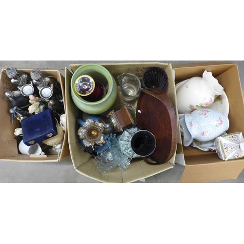 1068 - Three boxes of mixed china including a wash jug and bowl, bisque figure, vases, biscuit barrel, set ... 