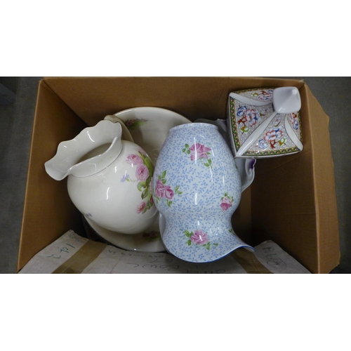 1068 - Three boxes of mixed china including a wash jug and bowl, bisque figure, vases, biscuit barrel, set ... 