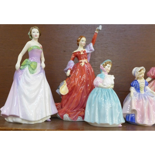 603 - Three large and three small Royal Doulton figures, Fond Farewell, Tracy, Jessica and Sweeting, Bunny... 
