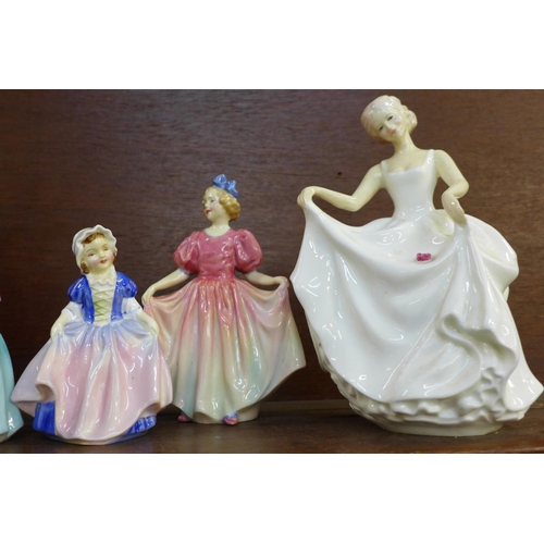 603 - Three large and three small Royal Doulton figures, Fond Farewell, Tracy, Jessica and Sweeting, Bunny... 