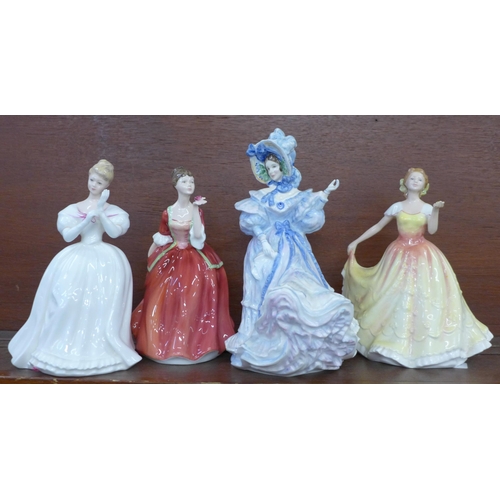 606 - Four Royal Doulton figures, Denise, Deborah - second, Flower of Love, and Flowers of Love
