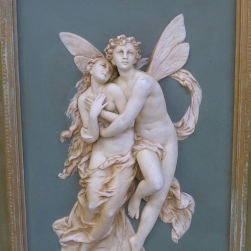 607 - A pair of Italian porcelain bas relief plaques, after William  Adolphe Bouguereau, Cupid and Psyche,... 